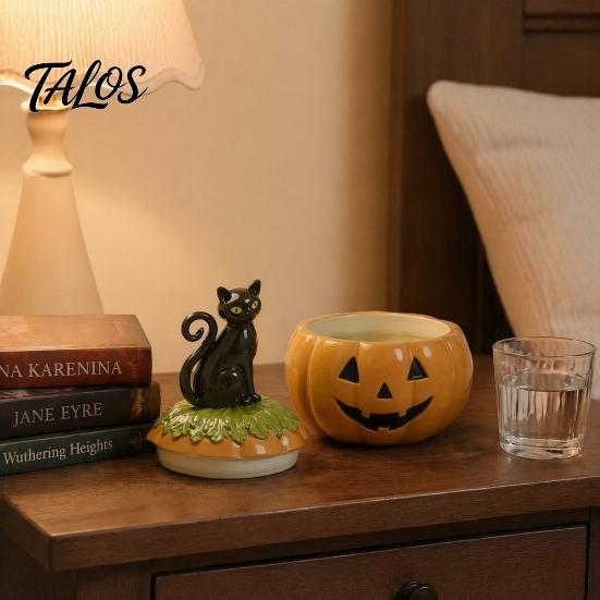 Small Item Organizer for Desk Haunted Halloween Candy Jar with Lid, Resin Pumpkin Storage Container Jewelry And Treats, Decorative Black Cat