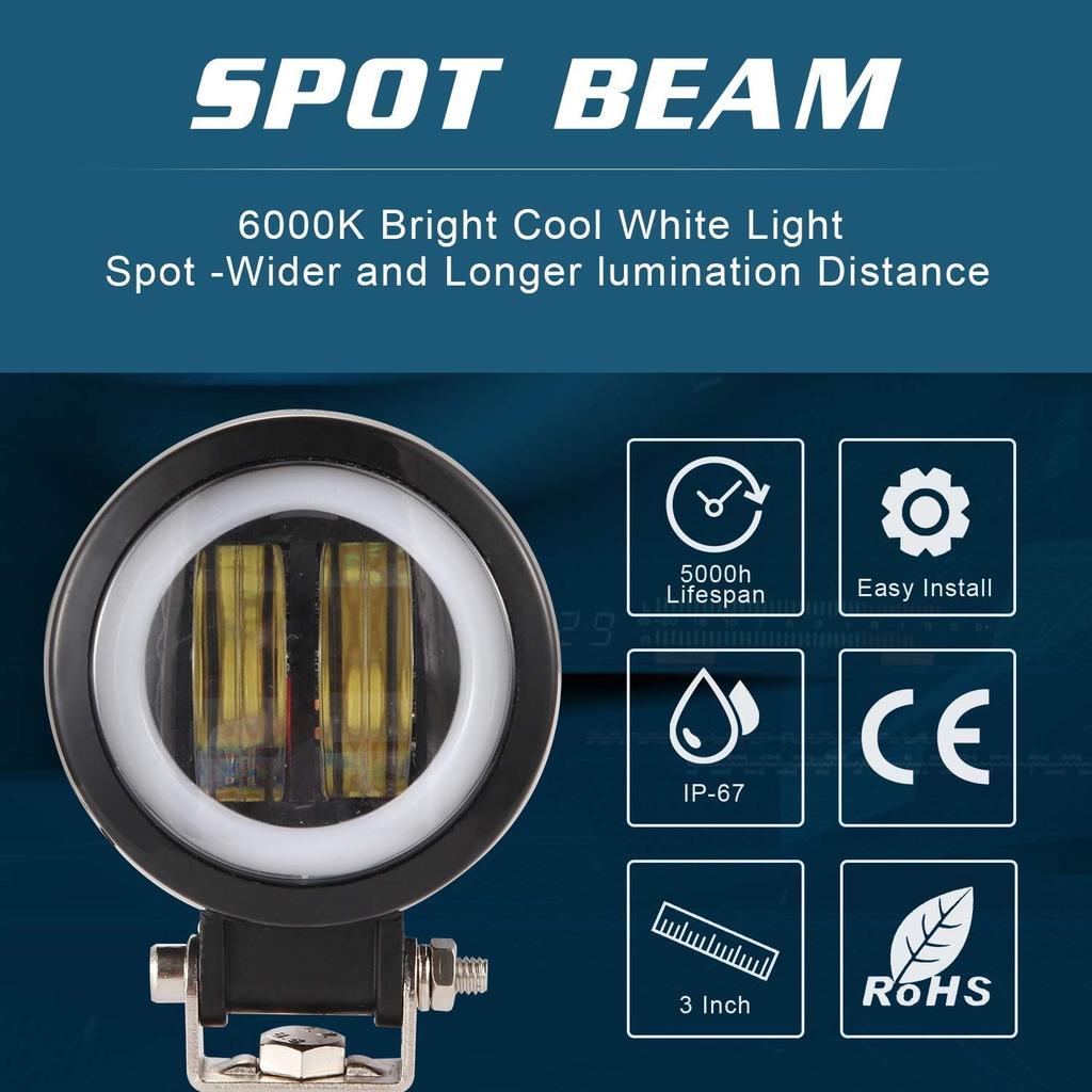 Kairiyard 3Inch LED Motorcycle Driving Lights 60W 6000K Auxiliary Spotlights With DRL/Angel Eye Off Road Light Pod 6000Lm LED Fog Work Light For