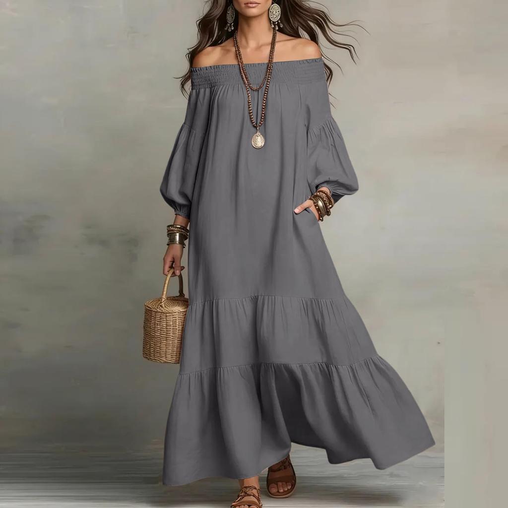 Womens Off Shoulder Maxi Dress Puff Sleeve Loose Fit Tiered Dresses Lightweight Boho Casual Dress