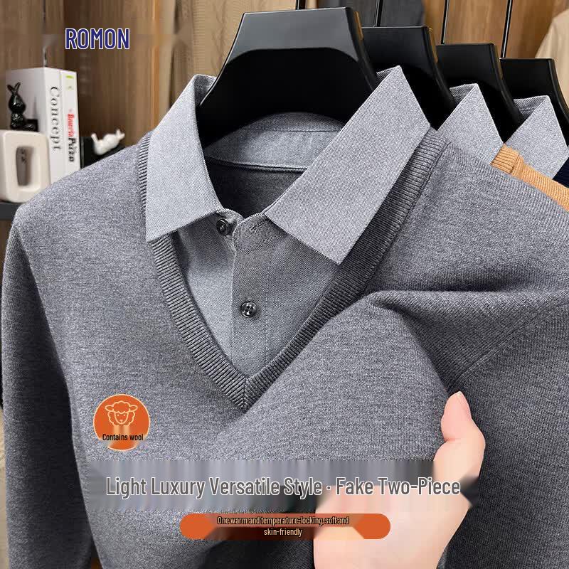 Romon Men's Faux Two-Piece Wool Blend Turn-down Collar Sweater