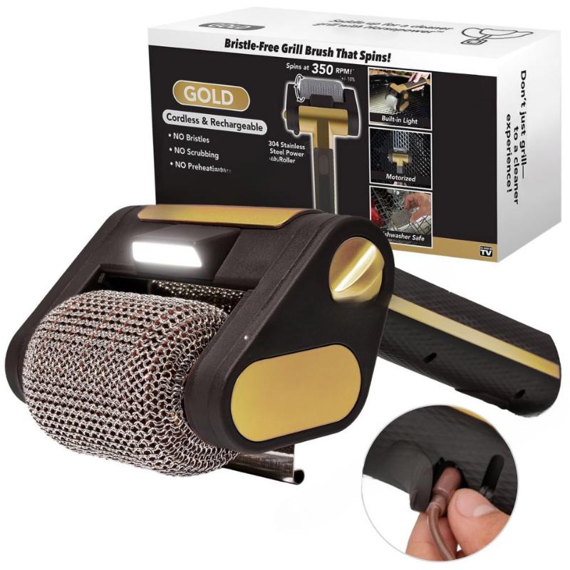 304 Edelstahl Elektrische Rollen-Grillbürste mit LED-Lichtern USB-Aufladung ABS-Griff Bürstenlose Reinigung Grillwerkzeuge