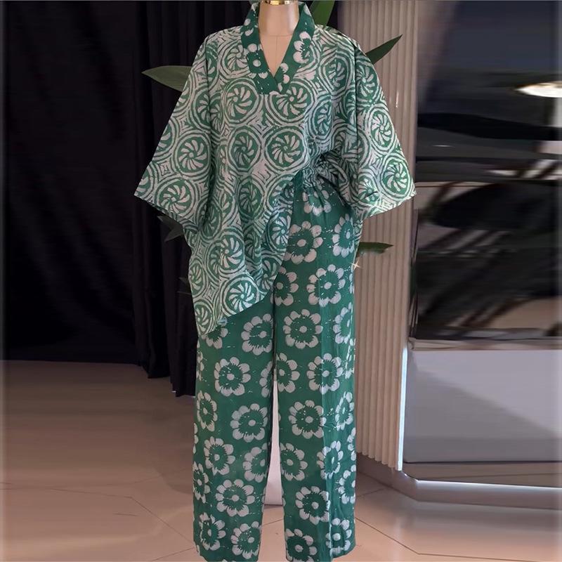 European & American Women's Summer 2026 Sweet Floral V-Neck Batwing Sleeve Top & High Waist Straight Leg Pants Set
