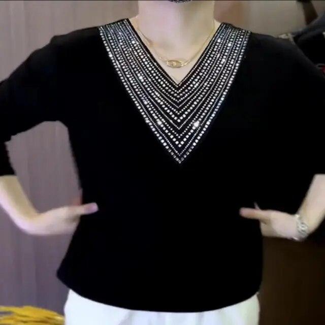 

Осенне-зимняя утолщенная теплая нижняя рубашка, женская футболка с длинными рукавами и v-образным вырезом, горячая бриллиантовая футболка, повседневный модный топ XL-6XL XL чёрный