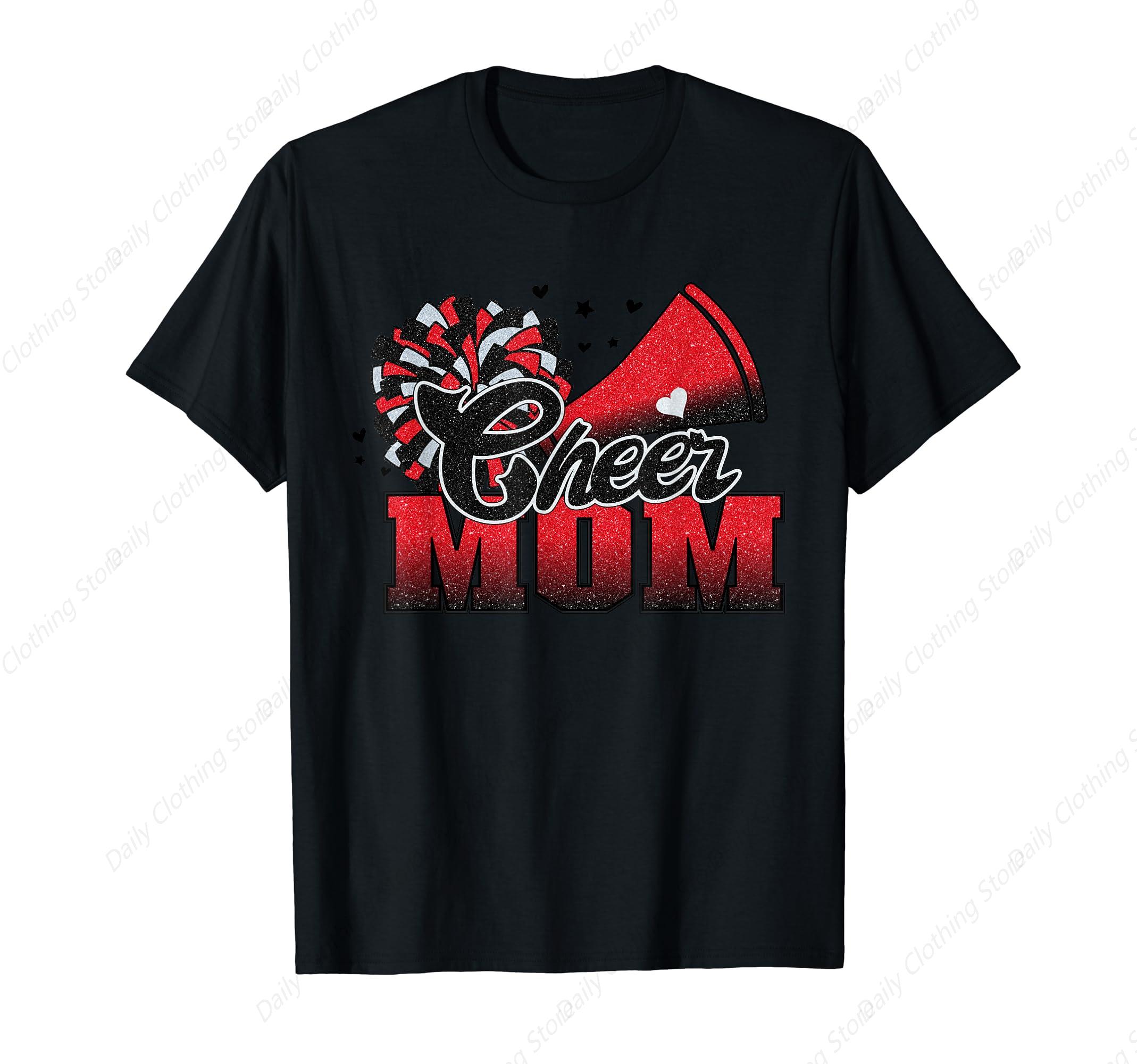 Football Cheer Mom Red Black Pom Leopard TShirt Neck Short Sleeves Cotton Tee Shirt Leisure Comfortable Tops S