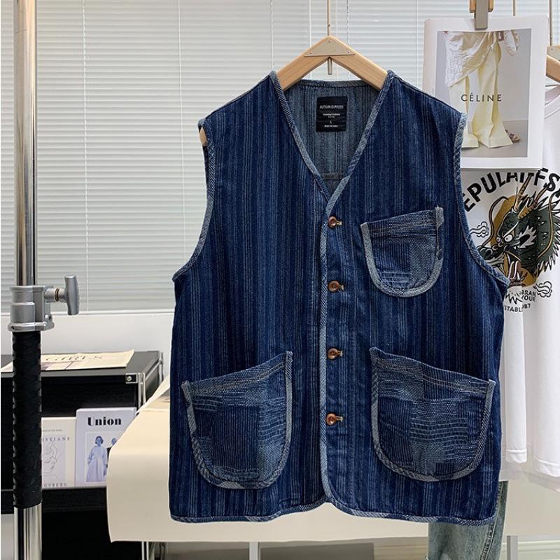

Unisex Retro Japanese Denim Vest with Large Pocket and Contrasting Collar L синий