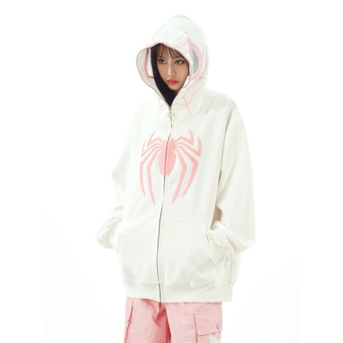 Women Men American Retro Spider Hooded Sweater Zipper Cardigan Loose Jacket