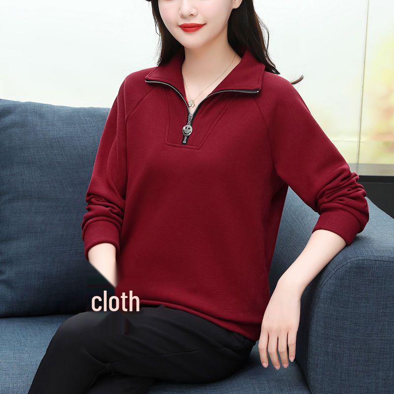 2025 Autumn/Winter Women's Plus Size Fleece-Lined Stand Collar Sweatshirt - Casual Loose Fit Red Jacket