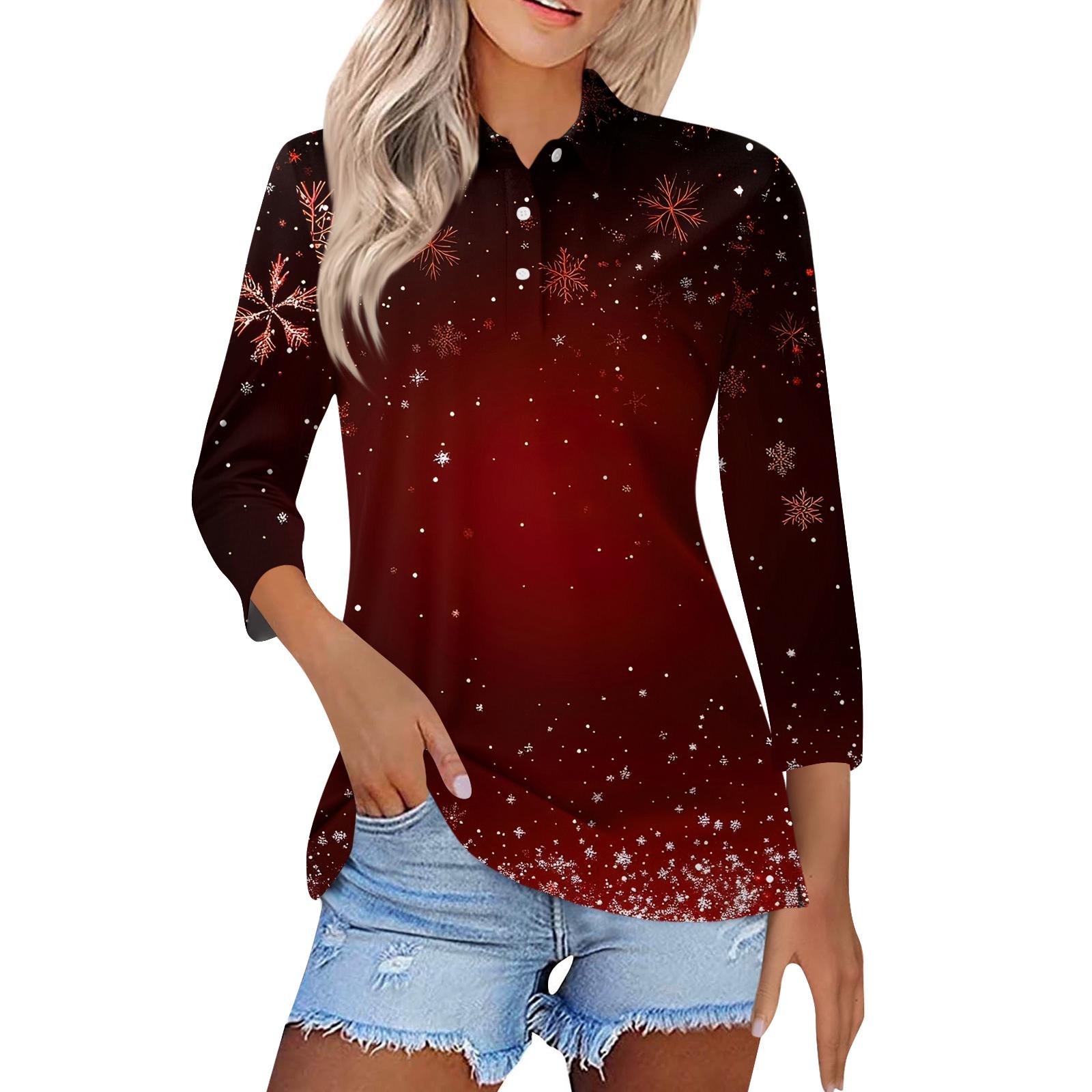 

Women s Fashion Casual Lapel Short 3/4 Sleeve Christmas Print Shirt Women s Button Up Tops M