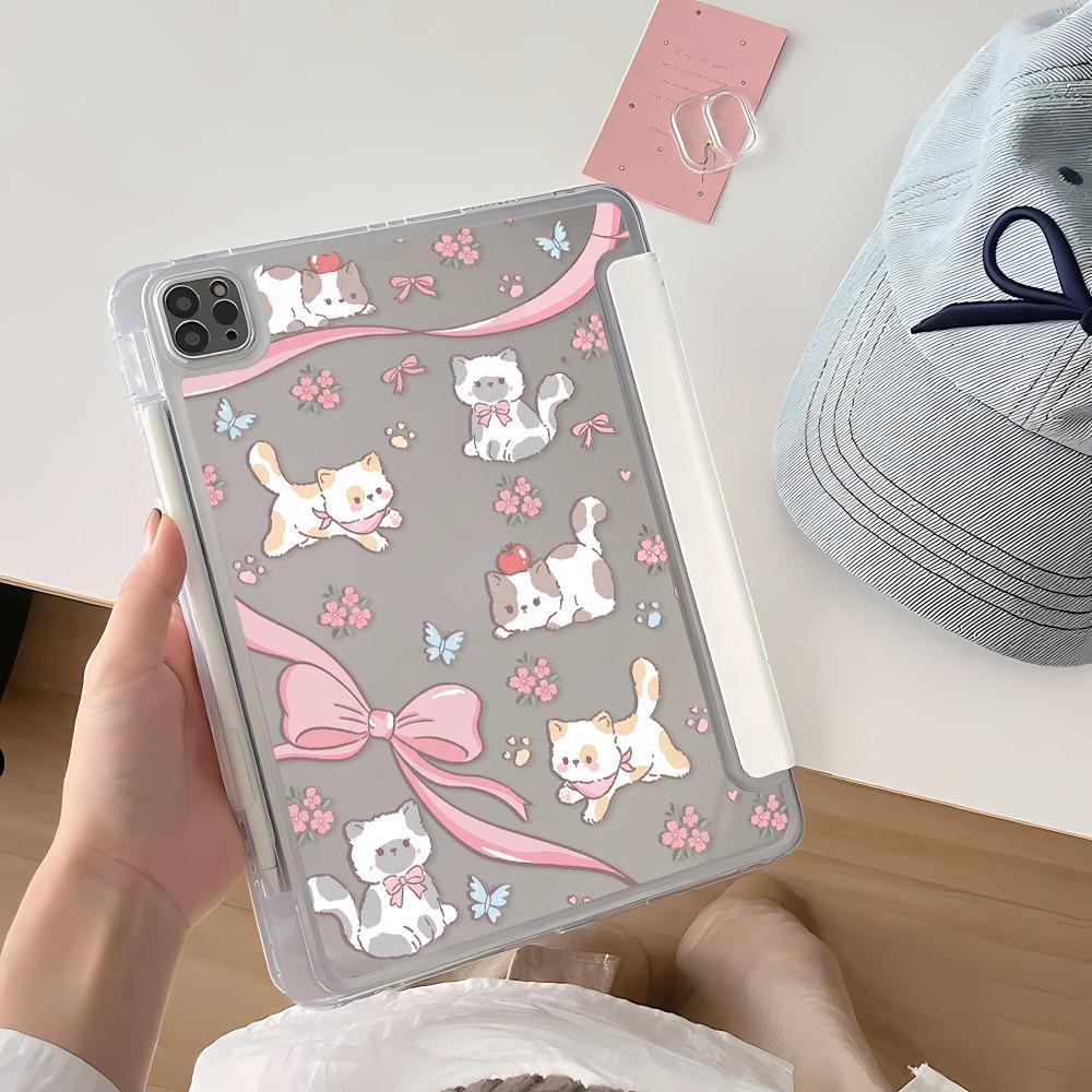 Bow Cat Y Fold Sticker Tablet Protective Case Suitable for iPad 11 Inch Transparent iPad Pro13 with Pen Slot