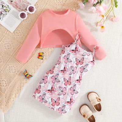 Clothing Set For Kid Girl 2-7 Years Old Long Sleeve Top Cartoon Butterfly Print Suspenders Skirt Princess Dresses Summer Outfit