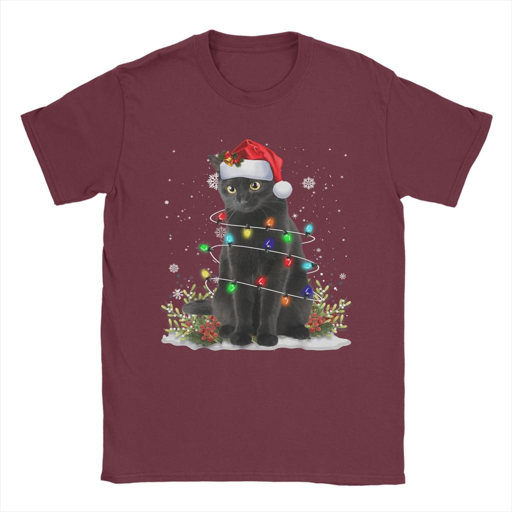 Men's Black Cat Christmas Santa Hat Funny Meowy Cats T-Shirts Clothing Beach Short-Sleeve T-Shirt O Neck Harajuku Tee Shirt