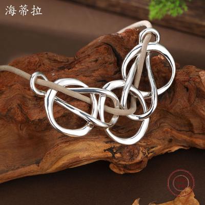 New Hollow Geometric Ring Leather Rope Knitted Necklace Ladies Bohemian Silver Ring Necklace