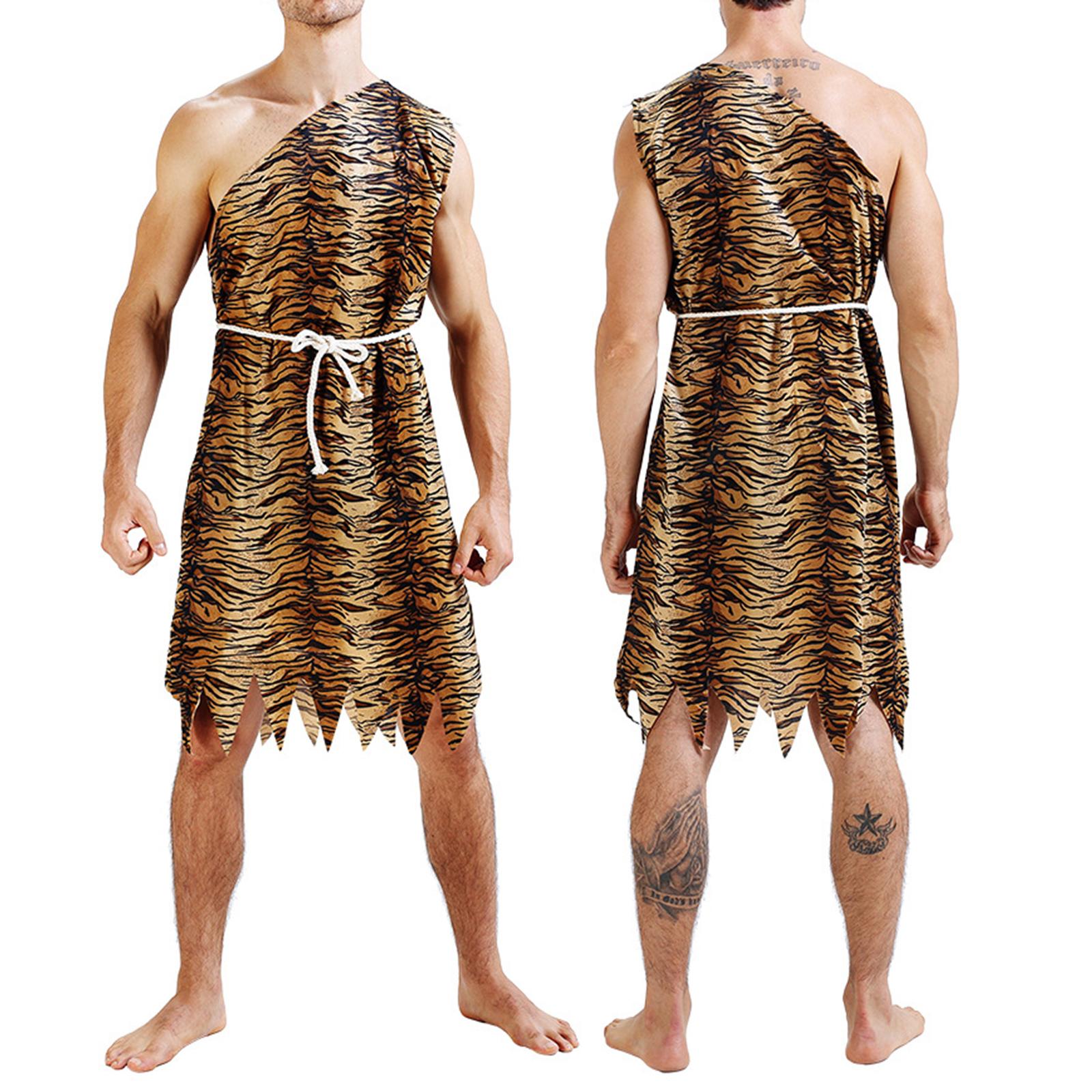 Combhasaki Volwassen Unisex Halloween Holbewoner Kostuum voor Vrouwen/Mannen Luipaardprint Kostuum Jumpsuit met Riem/Tops en Rok One Size black