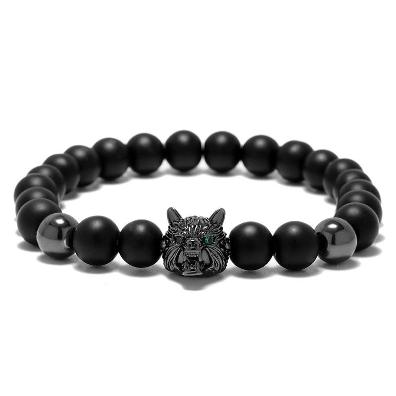 New Pirate Skull Bracelet Men 8mm Black Onyx Beaded Braslet Gothic Wolf Animal Braclet Male Accessories Gift For Boyfriend Joias