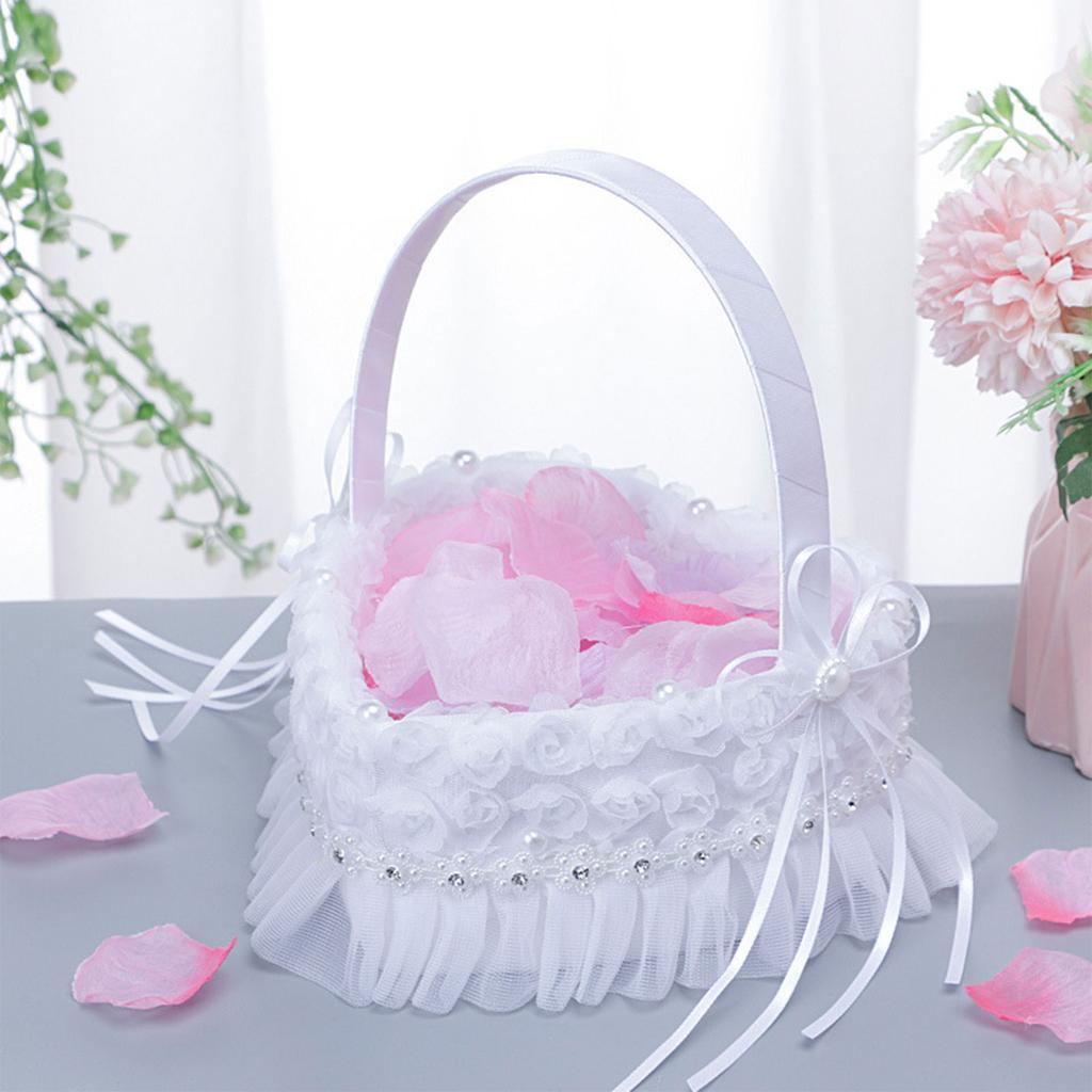 Flower Girl Basket White Small Satin Cloth Baskets with Lace and Multi Cute Faux Flowers Decor for Wedding Ceremony