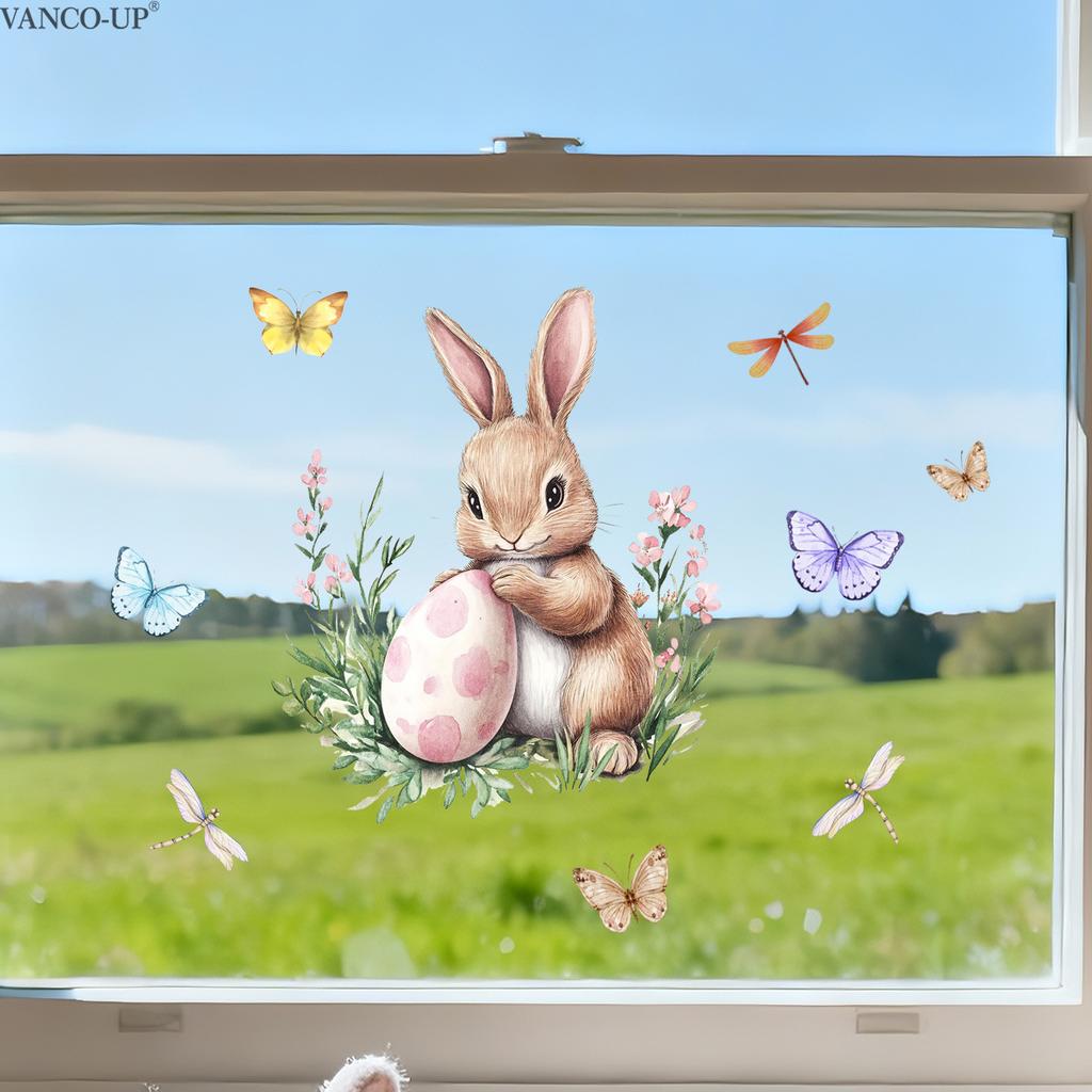 Easter Window Stickers, Creative Cute Floral Bunny Eggs Decor, Static Cling Glass Decals for Bedroom Living Room Holiday Decoration