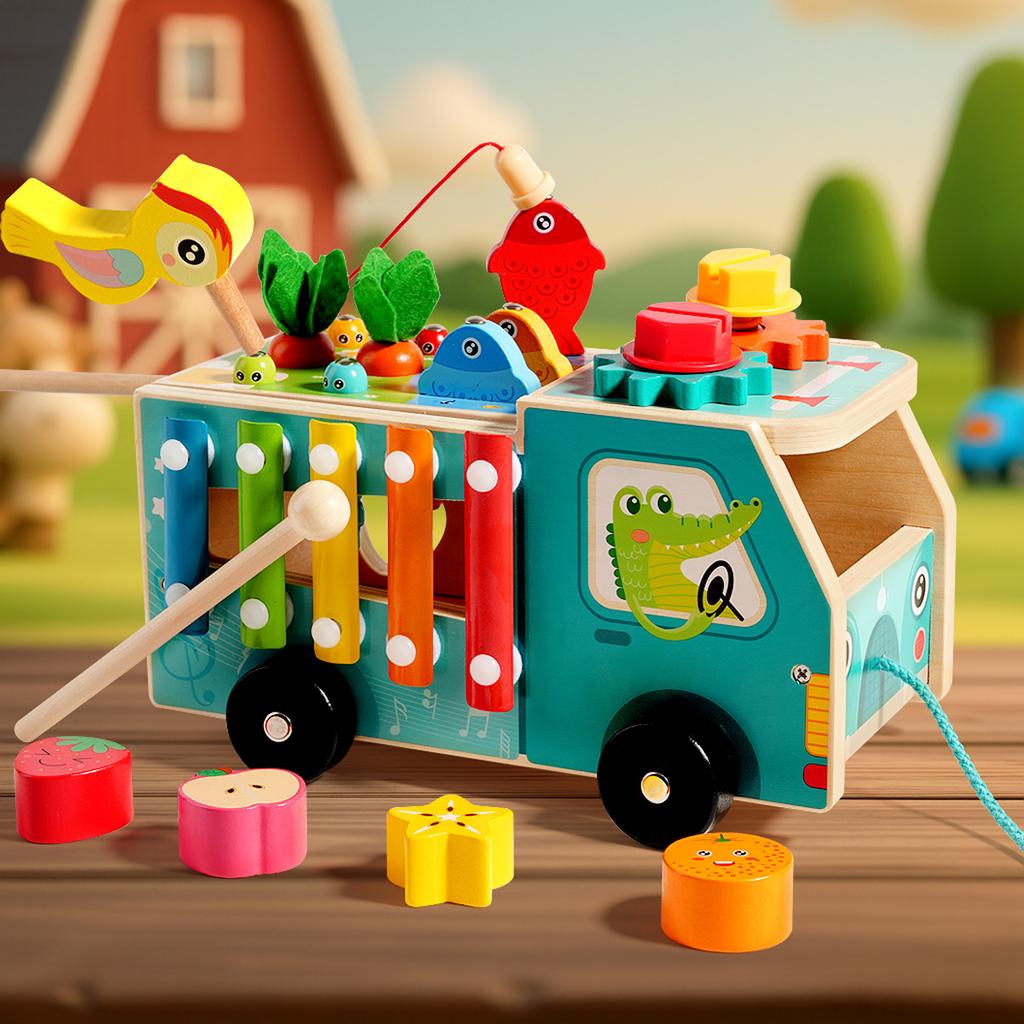 Wooden Farm Truck Multifunctional Toy - Shape Sorting Fishing And Bead Maze Suitable For Early Educational Toys For Toddlers