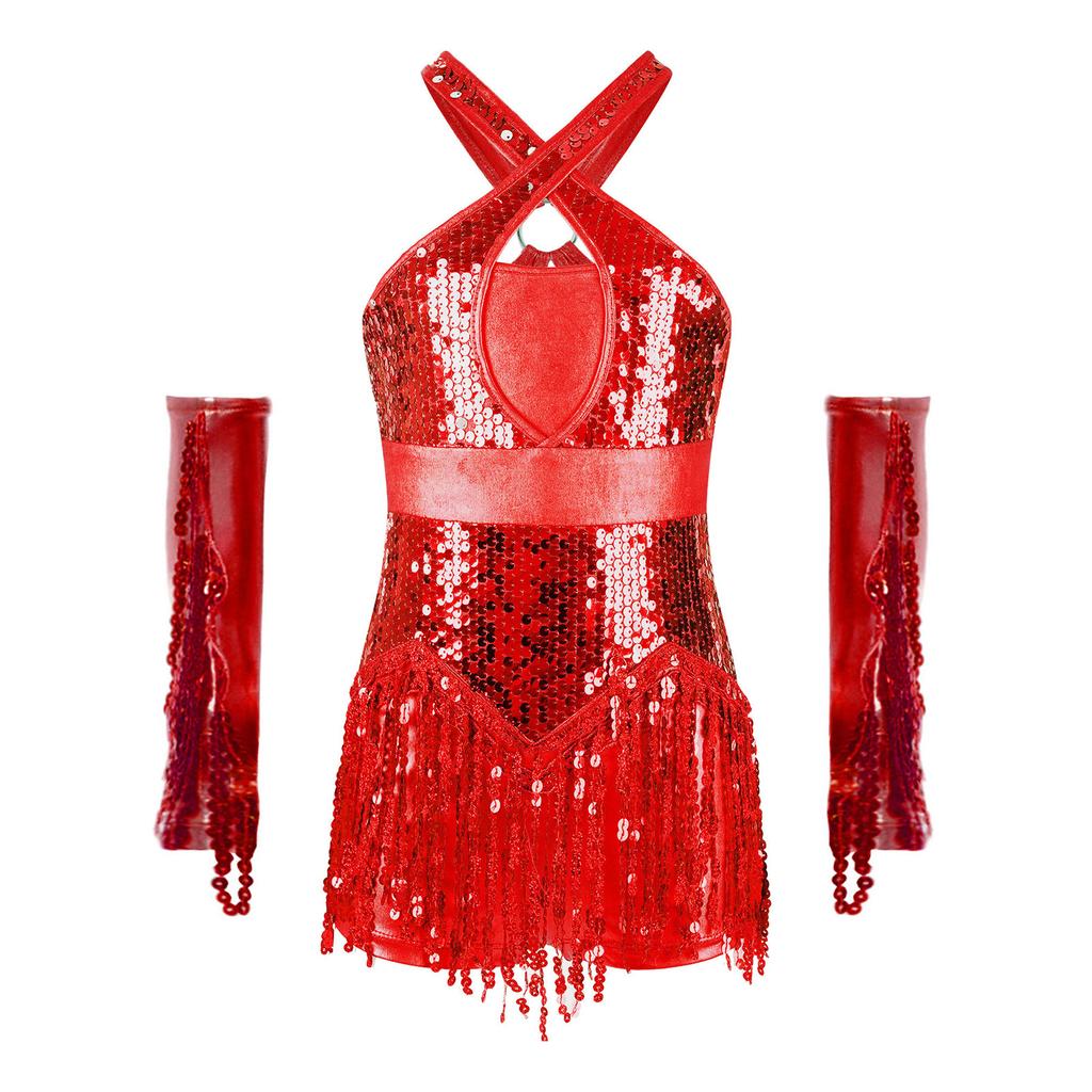 Dziewczęcy Błyszczący Trykot z Płatkami, Wycięcie z Przodu, Odkryte Plecy, Frędzle, Metaliczne Rękawiczki, Zestaw do Tańca Łacińskiego