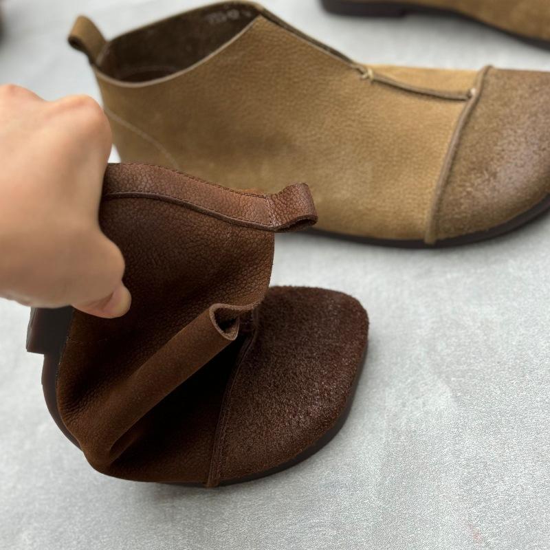 Johnature Ručně vyráběné pravé kožené ploché kotníkové boty Retro čtvercová špička Měkká podrážka Dámské nazouvací boty