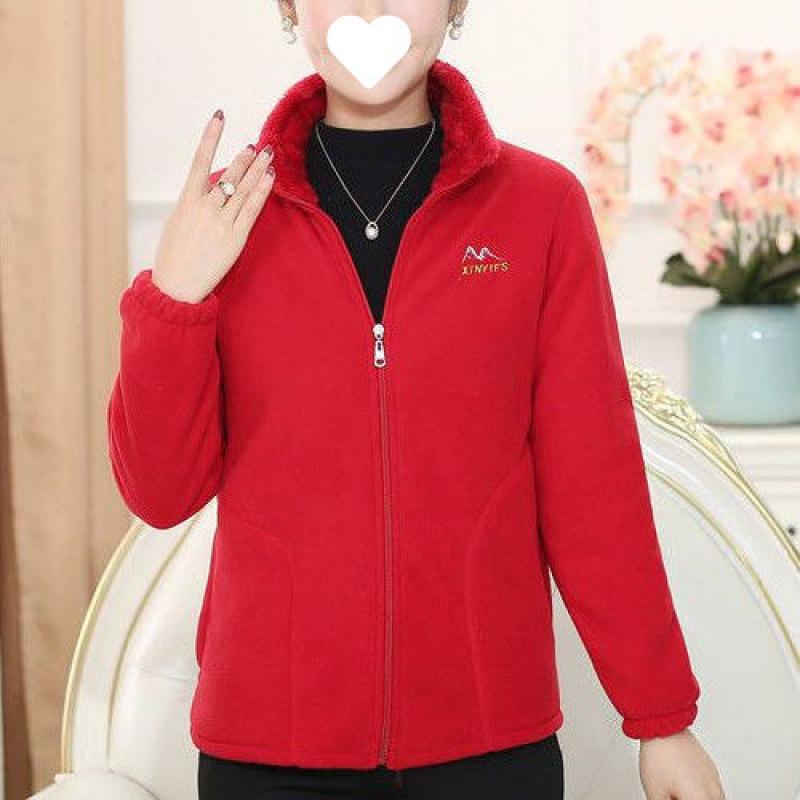 Mid Age Polar Fleece Jacket Women Stand Collar Winter Plush Lined Thick Warm Plus Size Womens Clothing Mom Wear Cardigan Hoodie