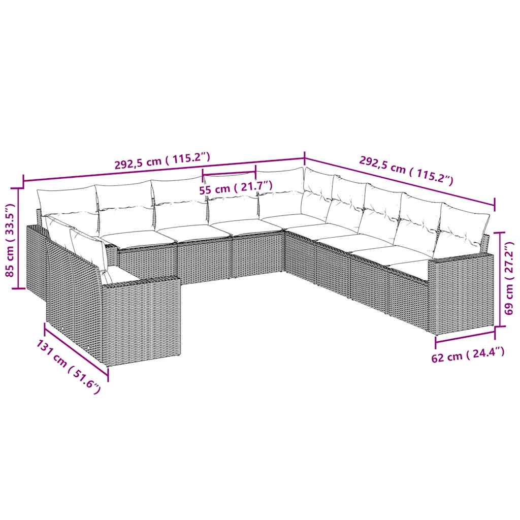 Vidaxl 11-Cz. Garden Furniture Set With Cushions, Grey Rattan Pe