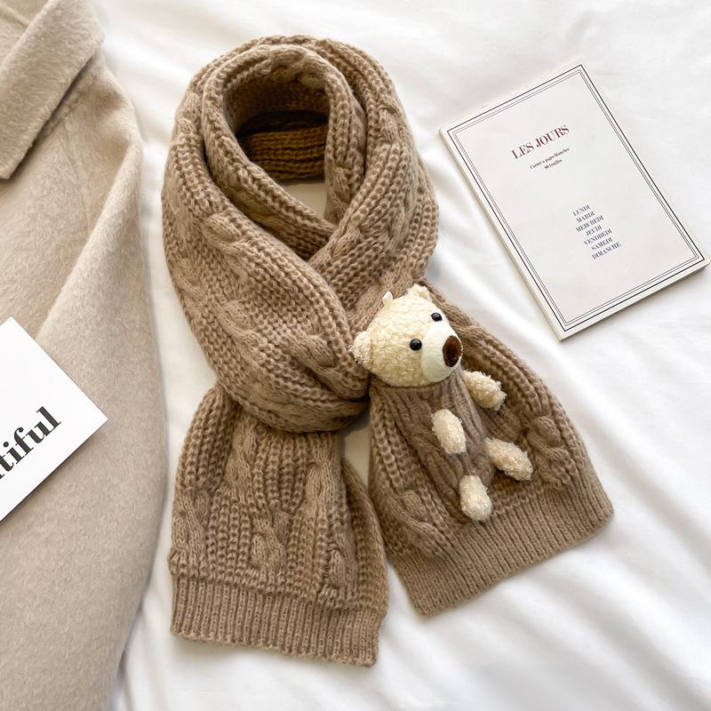 Knitted thick wool bear scarf female student winter pure green children's short scarf thickened to keep warm cute girl