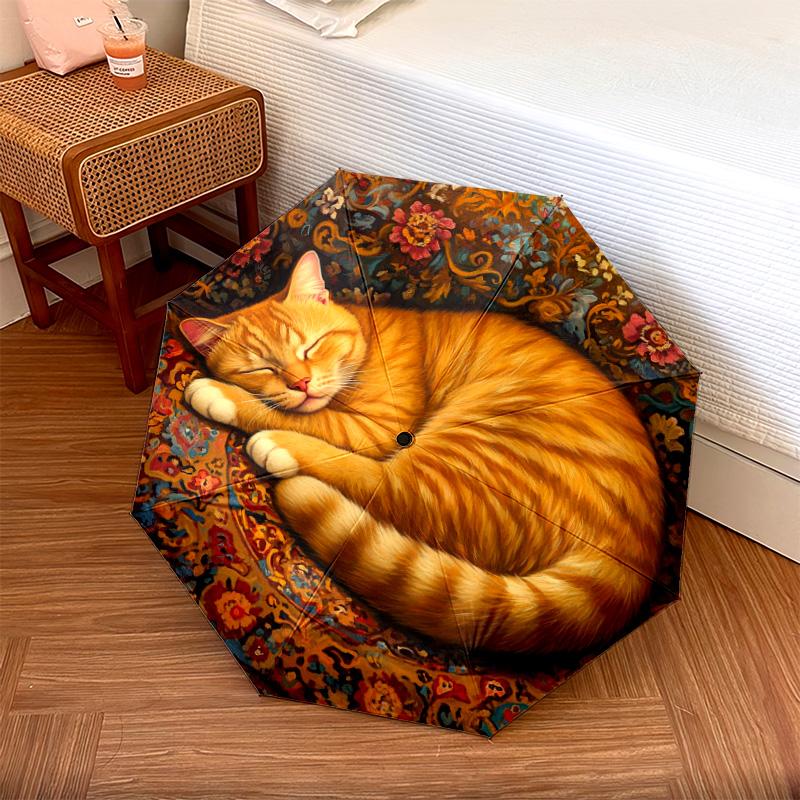1 PC Automatic Folding Umbrella - Sleeping Orange Cat Pattern, Portable & Foldable Design with 8 Ribs, Christmas Birthday Gifts