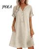 Travel Friendly Dress Summer Short Sleeve for Women, Casual Button Up V Comfortable Everyday Neck A-line Dress, Flowy Beach Vacation Sundress