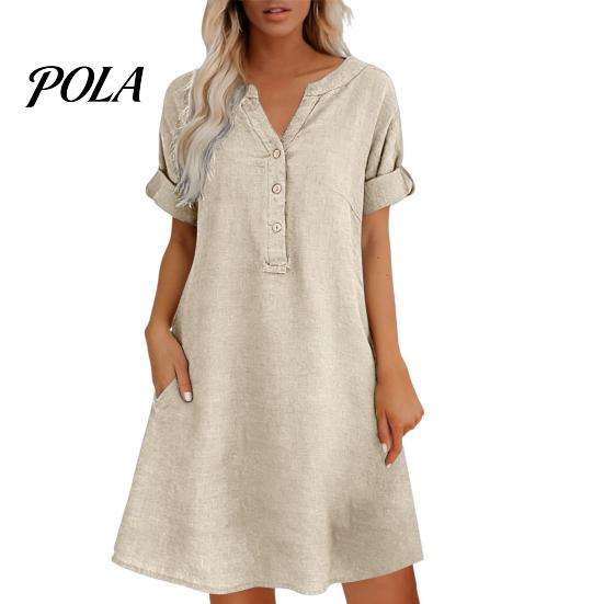 Travel Friendly Dress Summer Short Sleeve for Women, Casual Button Up V Comfortable Everyday Neck A-line Dress, Flowy Beach Vacation Sundress