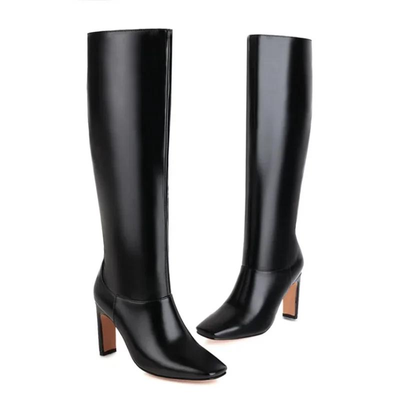 Women's Boots Autumn and Winter Fashion New Style Sexy Knee-High Square heel Square Toe black Platform high 9cm plus size 34-48