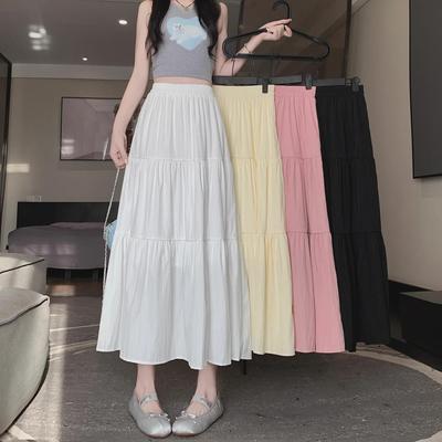 Beige Women's Puffy A-Line Cake Skirt, Petite, Elastic & High Waist - Summer Mid-Length Skirt for Slimming Effect