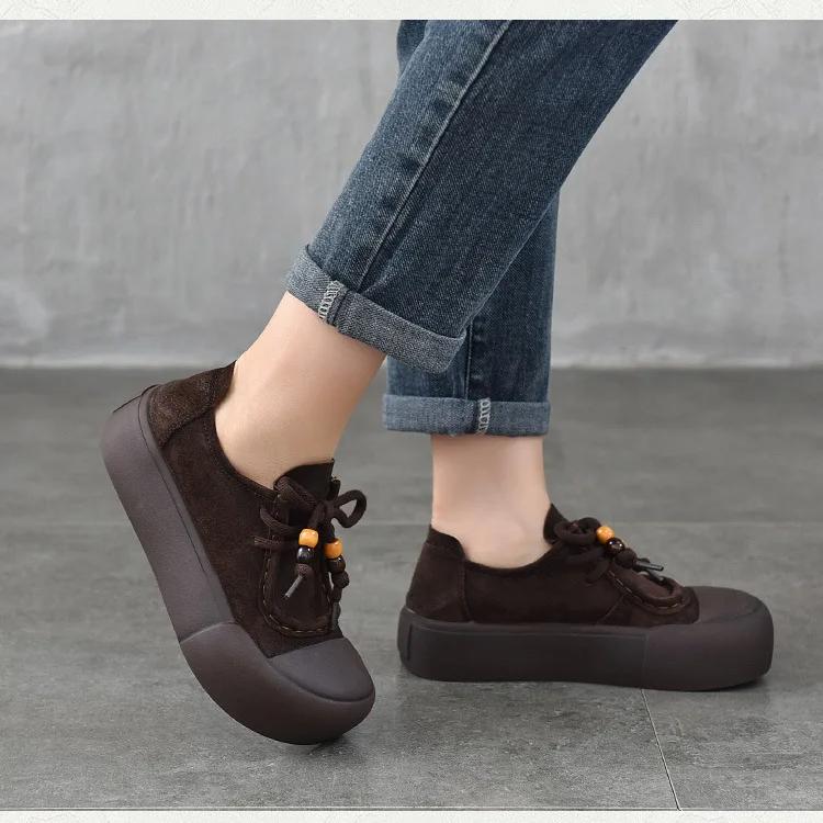 Johnature Genuine Leather Thick Sole Women's Shoes Round Toe Lace-up Versatile Casual Flat Platform Shoes