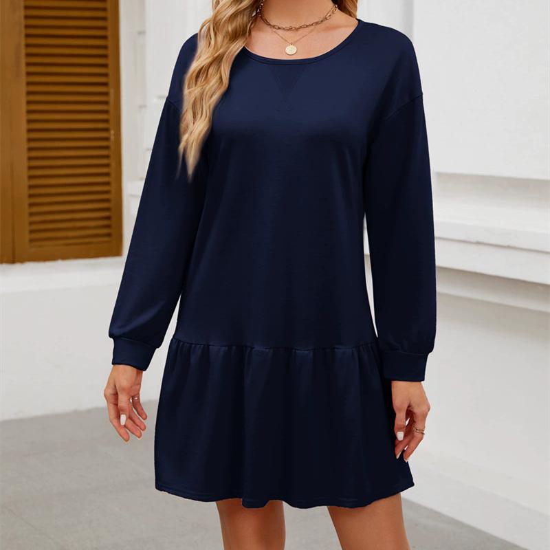 Women's Dress Autumn Winter Female Solid Round Neck Long Sleeve Loose Fashion Casual Simple Dress Women