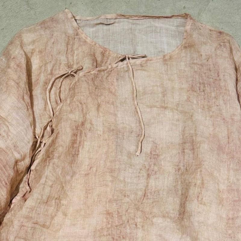 Johnature Women Chinese Style Shirts Solid Color O-Neck Long Sleeve Autumn Blouses Belt Loose Vintage Shirts