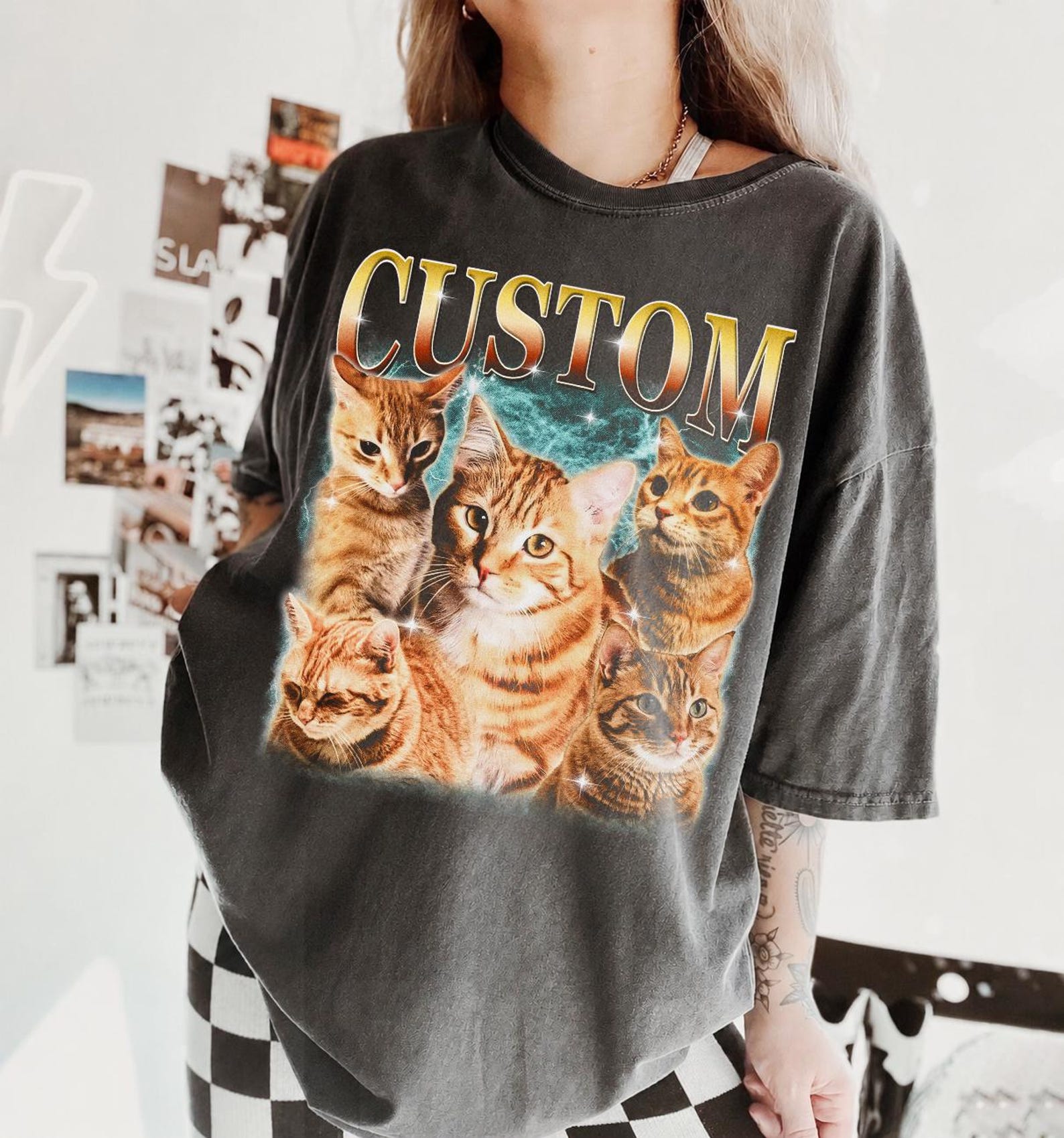 Custom Orange Tabby Cat Collage Tee, Retro Bootleg Cat Lover Shirt 4XL