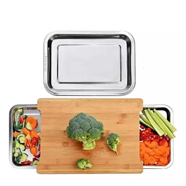Wooden Pull-out Cutting Board with Stainless Steel Tray for Fruits, Vegetables, and Meat.
