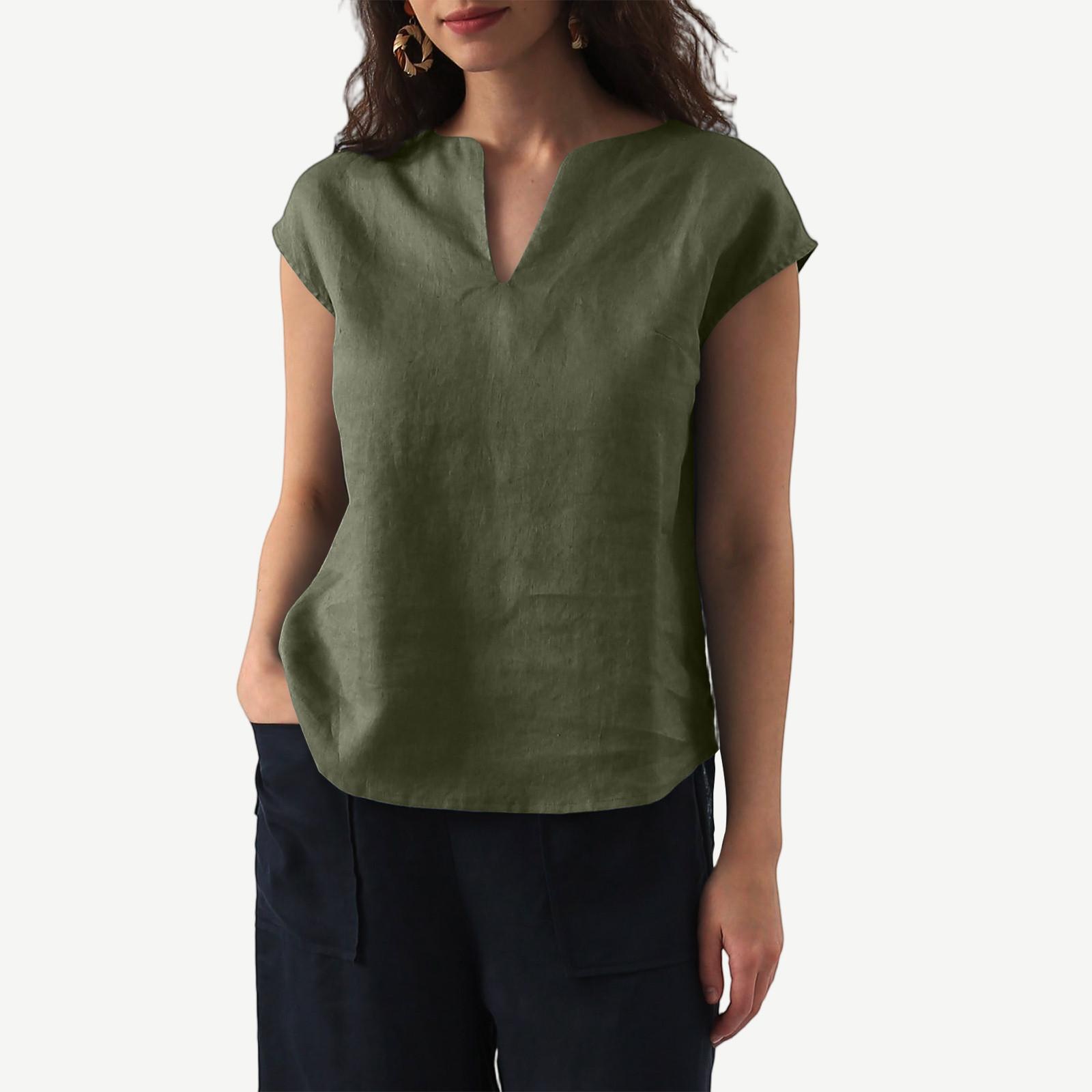 

Women s Fashion Casual Cotton Linen V-Neck Cover Sleeve Solid Color Shirt T-Shirt Top XXL зелёный