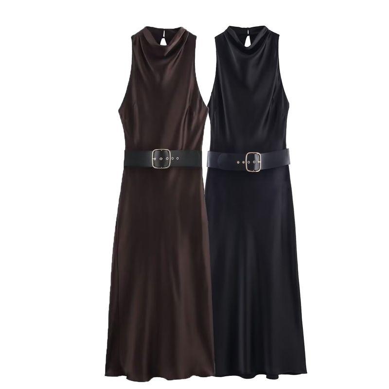 Kaslead New Arrival Women's Clothing Fashion Style with Belt Silk Satin Texture round Neck Sleeveless Dress 2277302