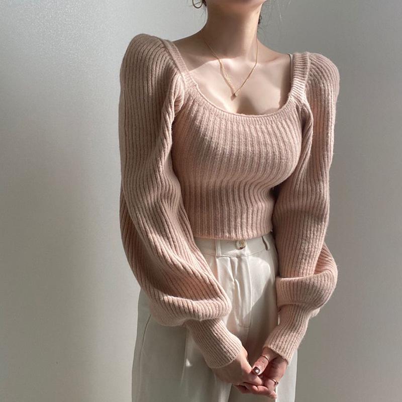 Thickened Square Neck Puff Sleeve Knit Top - Women's Slimming Waist Autumn/Winter Sweater