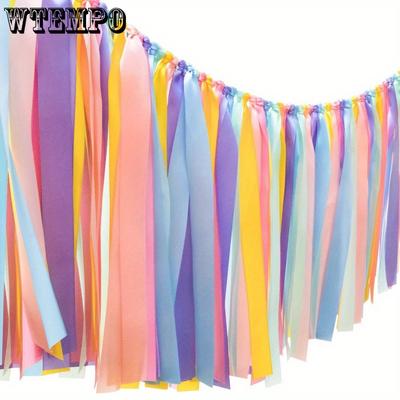 2pcs Pastel Rainbow Ribbon Tassel Garland Colorful Fabric Banner Hanging Patry Decoration Backdrop for Birthday Banner Backdrop Decor Party Banners
