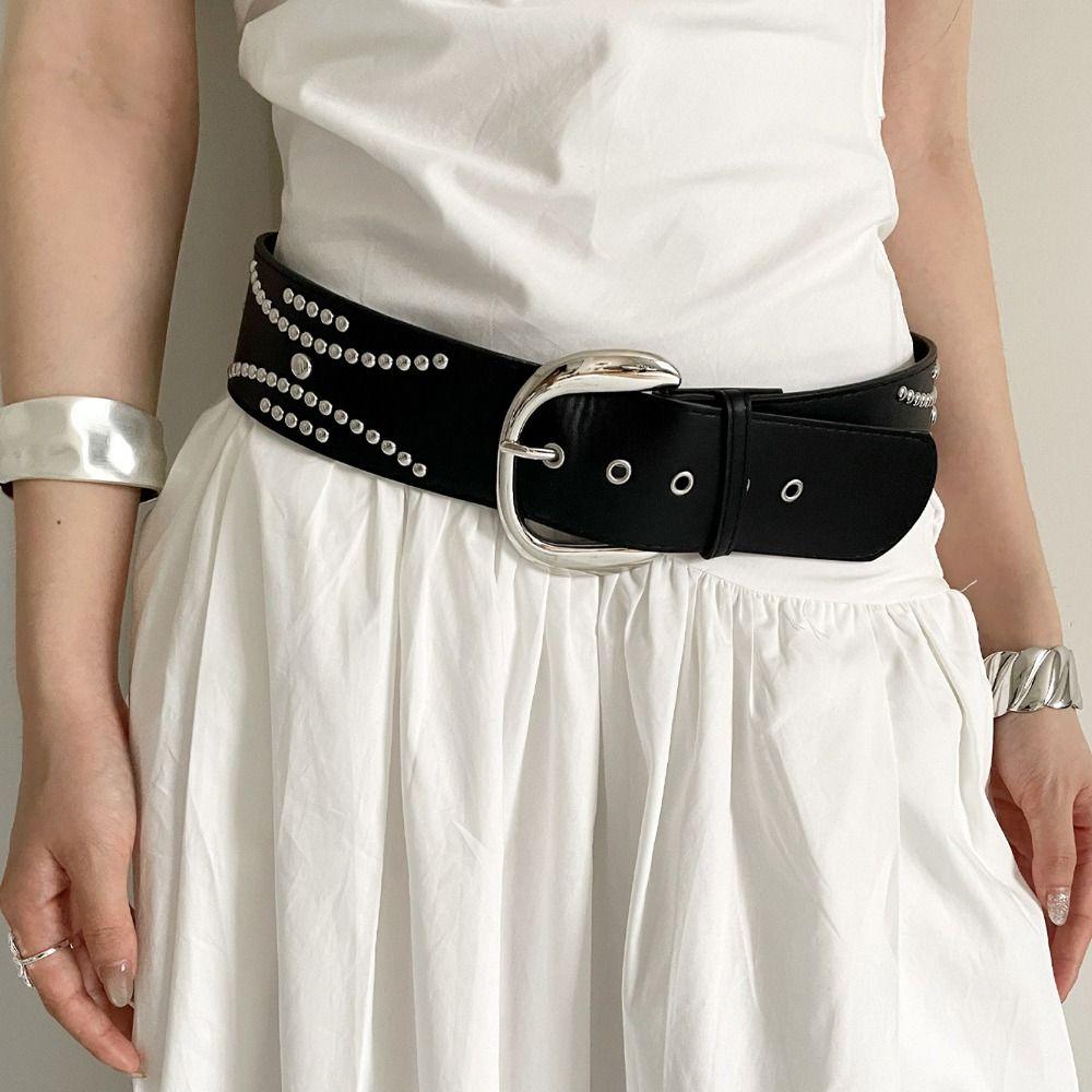 Gothic Rivet Wide Belt Y2k Dress Jeans Belt Vintage Women's Waist Belt  Skirt Accessory