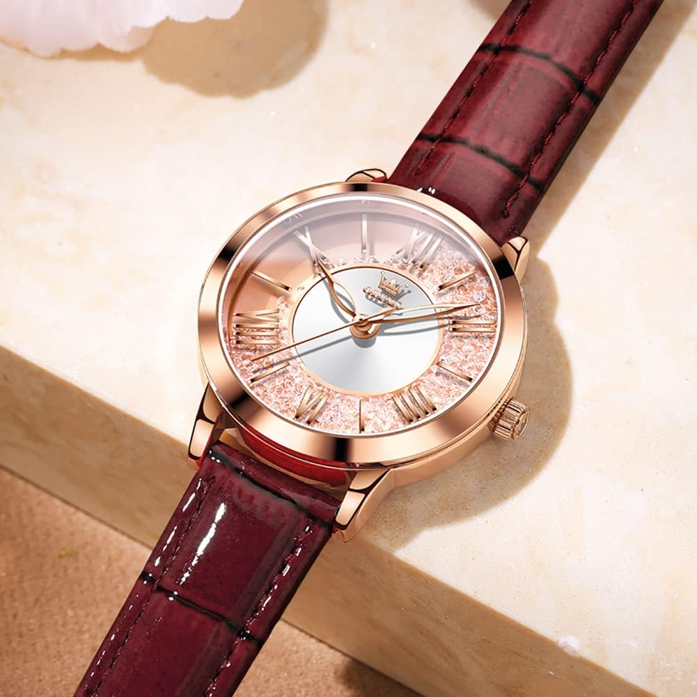 OLEVS Watch Rose Quicksand Gift Ladies' - Popular, Cute, Gold, Fashionable, Diamond, Pattern, Waterproof, Luminous, (Red - 5539)