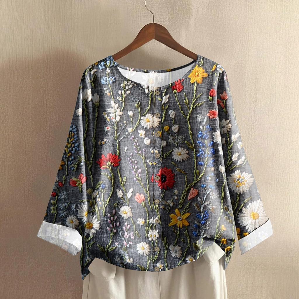 Women's Casual Long-sleeved Round-neck Retro Gradient Printed Cotton And Linen Top