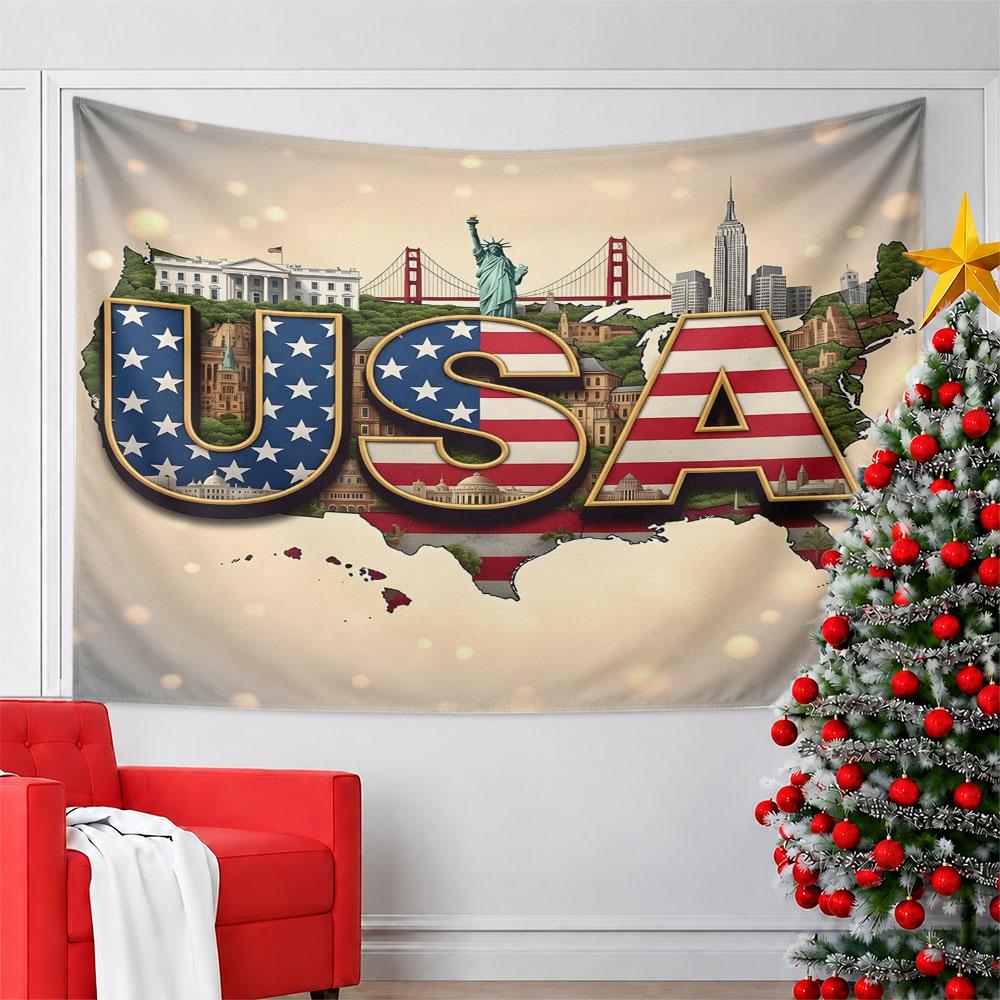 "USA Map with Iconic Landmarks Design" Pattern Wall Hanging Tapestry Decorative Tapestry Home Decor for Bedroom and Living Room