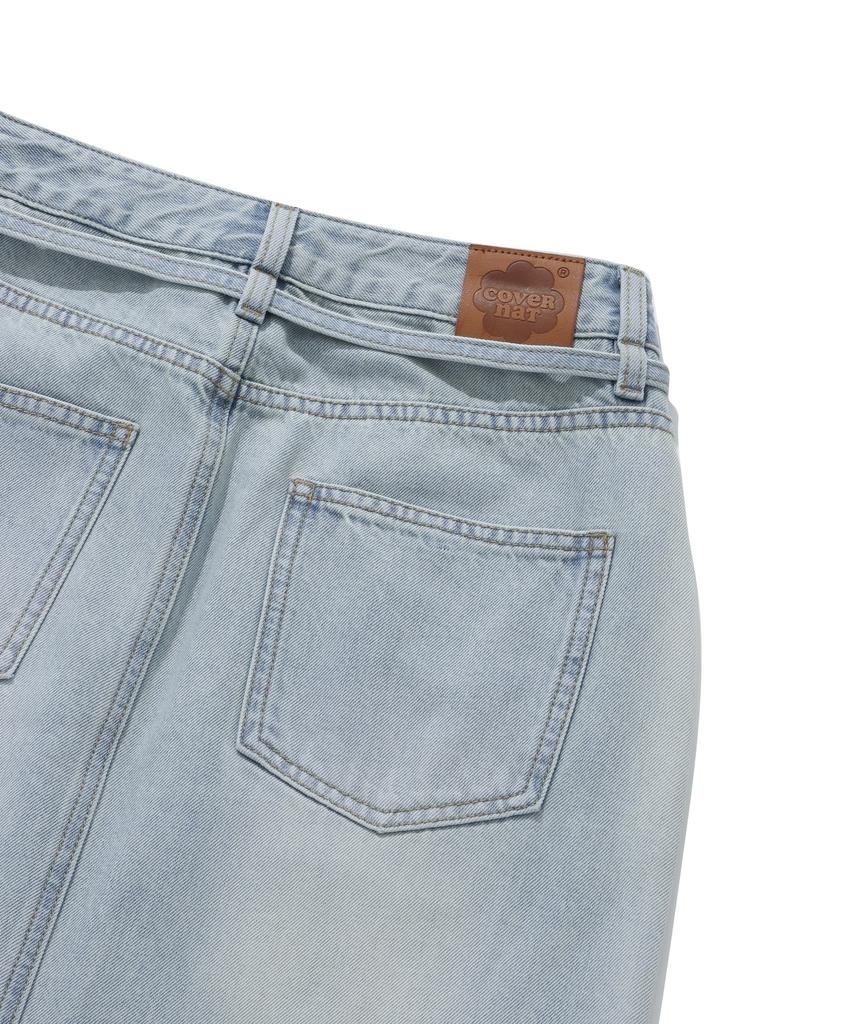Covernat Woman Belted Denim Long Skirt Light Blue
