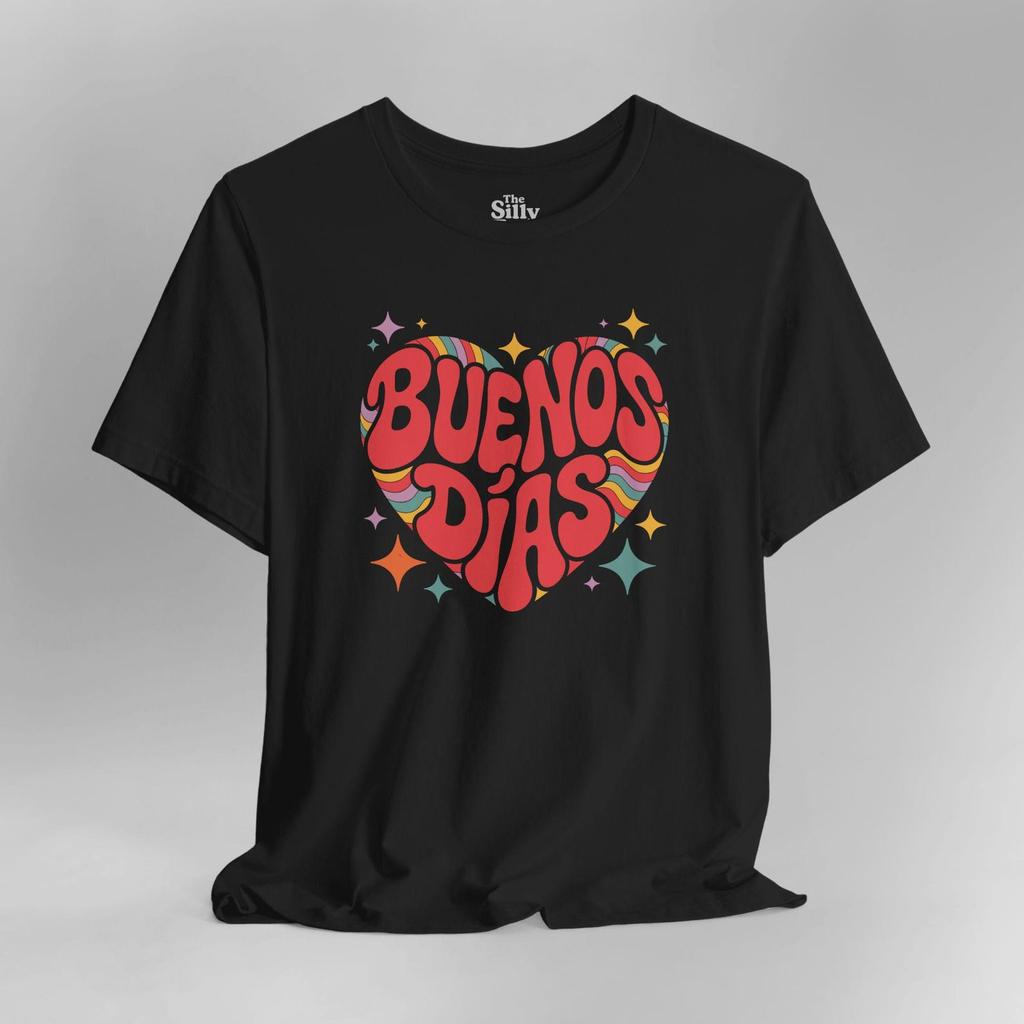 Retro Buenos Dias Heart Shirt, Groovy Spanish Quote Tee, Aesthetic Latin Vibes Graphic, Vibrant Hippie Style Tshirt, Cute Heart Streetwear