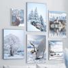 Winter Lake Mountain Canvas Painting Snow Tree Deer Wall Art Picture Print Natural Landscape Nordic Poster Room Home Decor Gifts