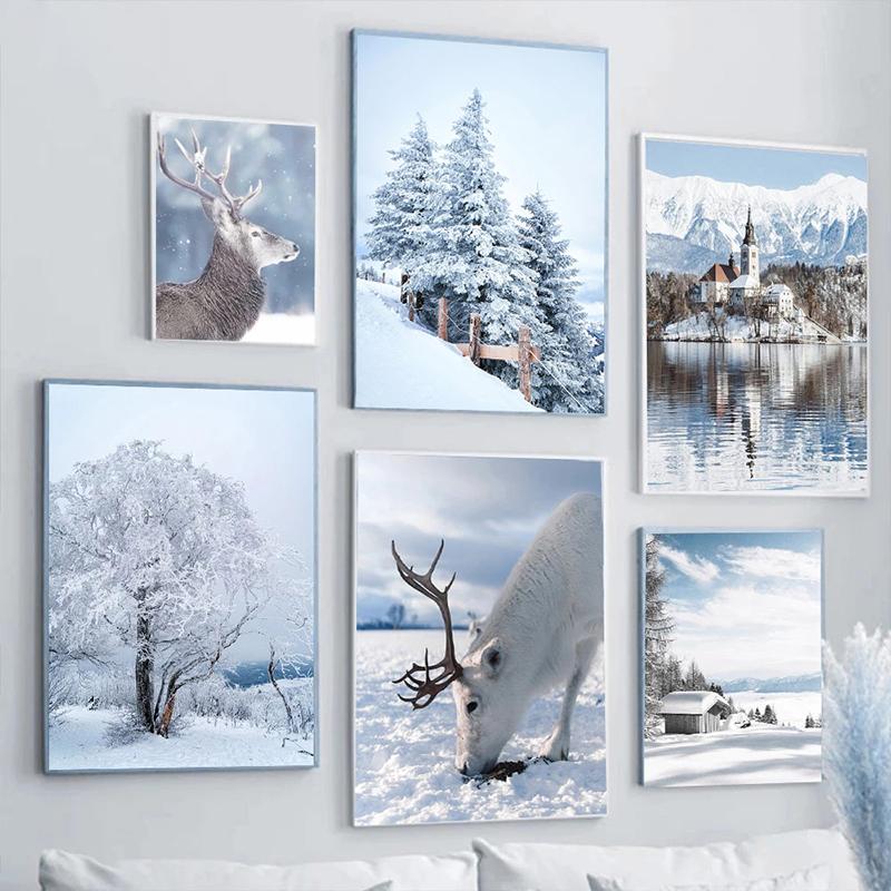Winter Lake Mountain Canvas Painting Snow Tree Deer Wall Art Picture Print Natural Landscape Nordic Poster Room Home Decor Gifts