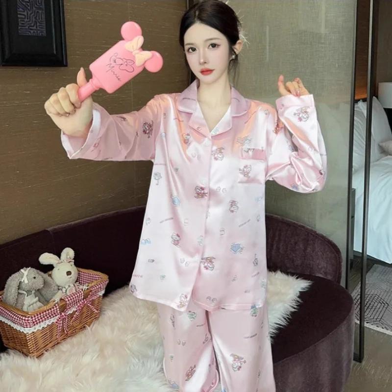 Women's Pajamas Autumn Ice Silk Long Sleeve Pants Two-piece Lapel Homewear Silk Pajamas Women