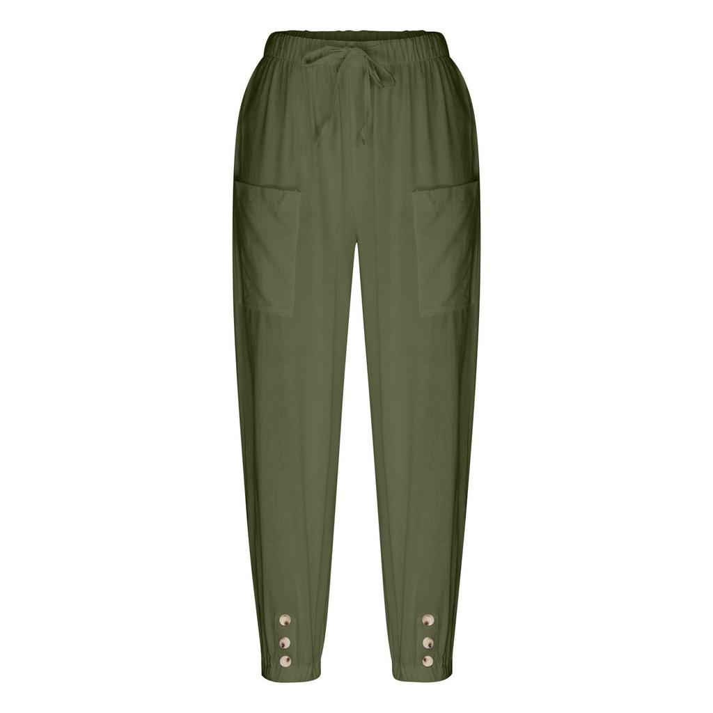 Women's Fashion Color Loose High Waist Button Pocket Cotton And Hemp Pants Nine Point Casual Pants
